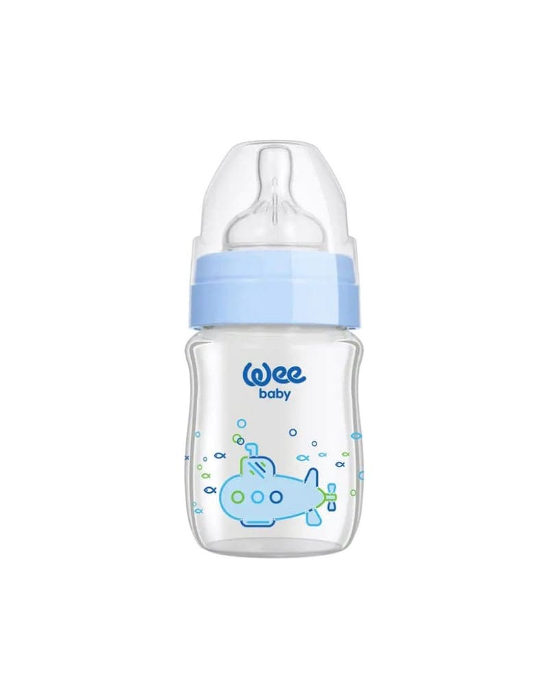WEE BABY HEAT RESISTANT PATTERNED CLASSICAL + WIDE NECK GLASS FEEDING BOTTLE 120