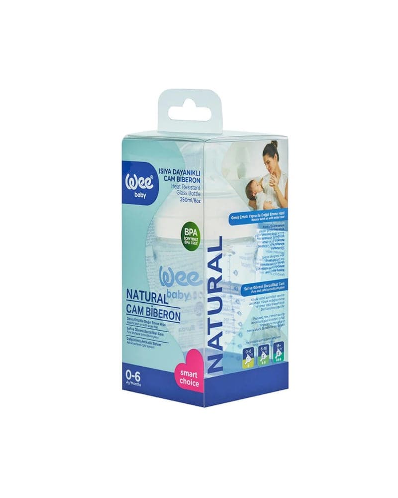 WEE BABY HEAT RESISTANT NATURAL FEELING WIDE NECK GLASS FEEDING BOTTLE 250ML