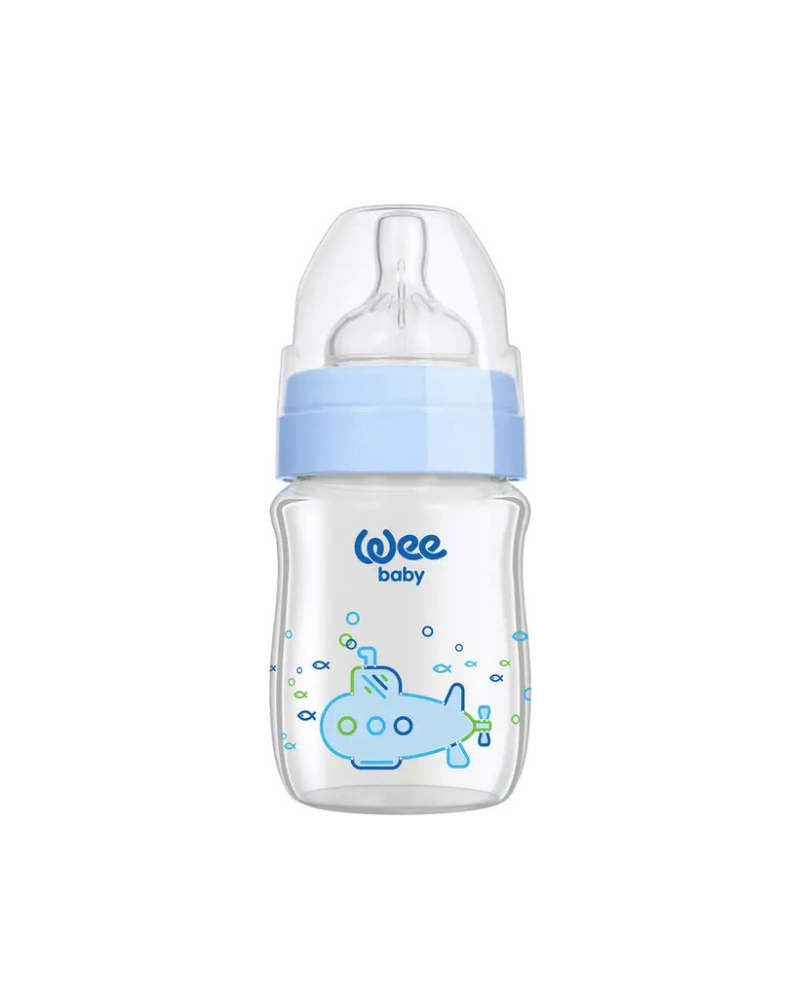 WEE BABY HEAT RESISTANT PATTERNED CLASSICAL + WIDE NECK GLASS FEEDING BOTTLE 120