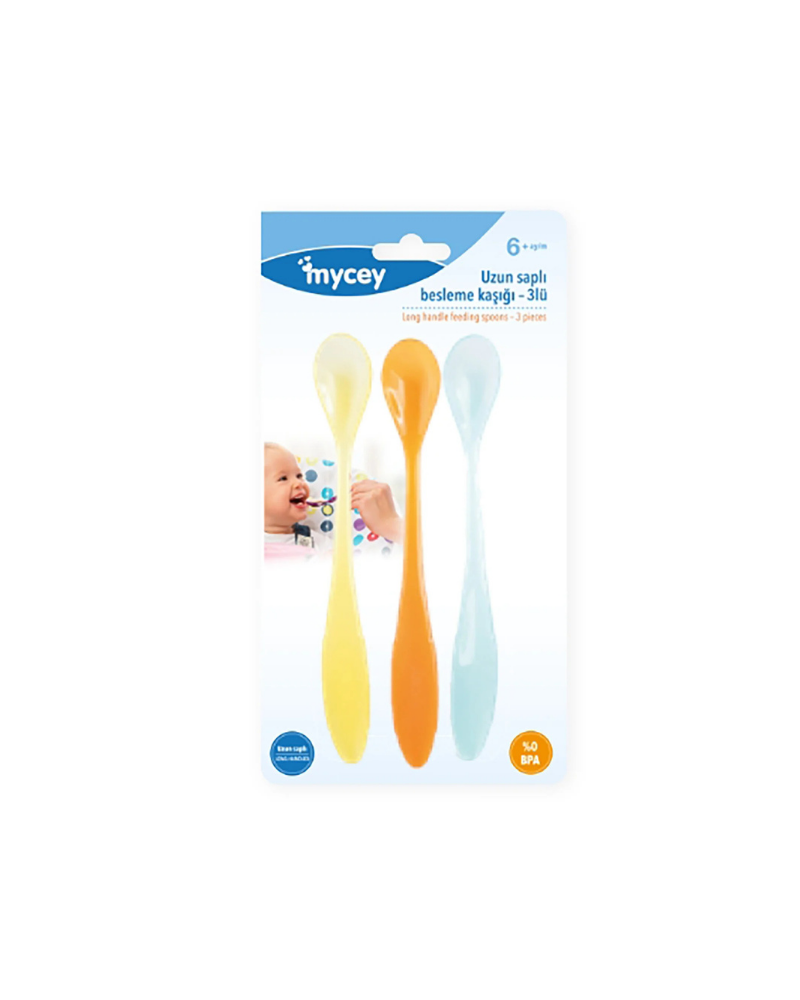 MYCEY LONG HANDLE FEEDING SPOON YELLOW/BLUE/ORANGE RED/PURPLE/ORANGE